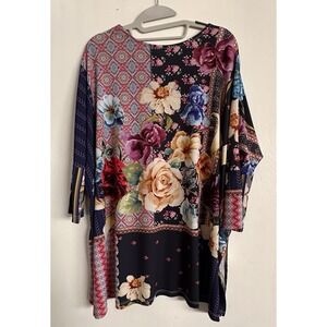 Johnny Was Floral Mixed Print Tunic Top XS Dolman Sleeve Boho Patchwork Knit
